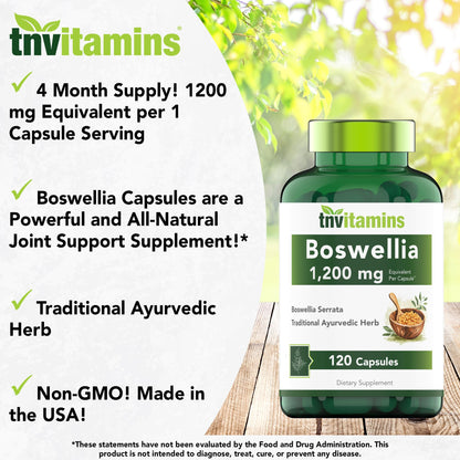 tnvitamins Boswellia Extract Capsules, 120 Count | 1,200 mg Per Capsule | 65% Boswellic Acids + 10:1 Concentrated Extract | Boswellia Serrata tnvitamins