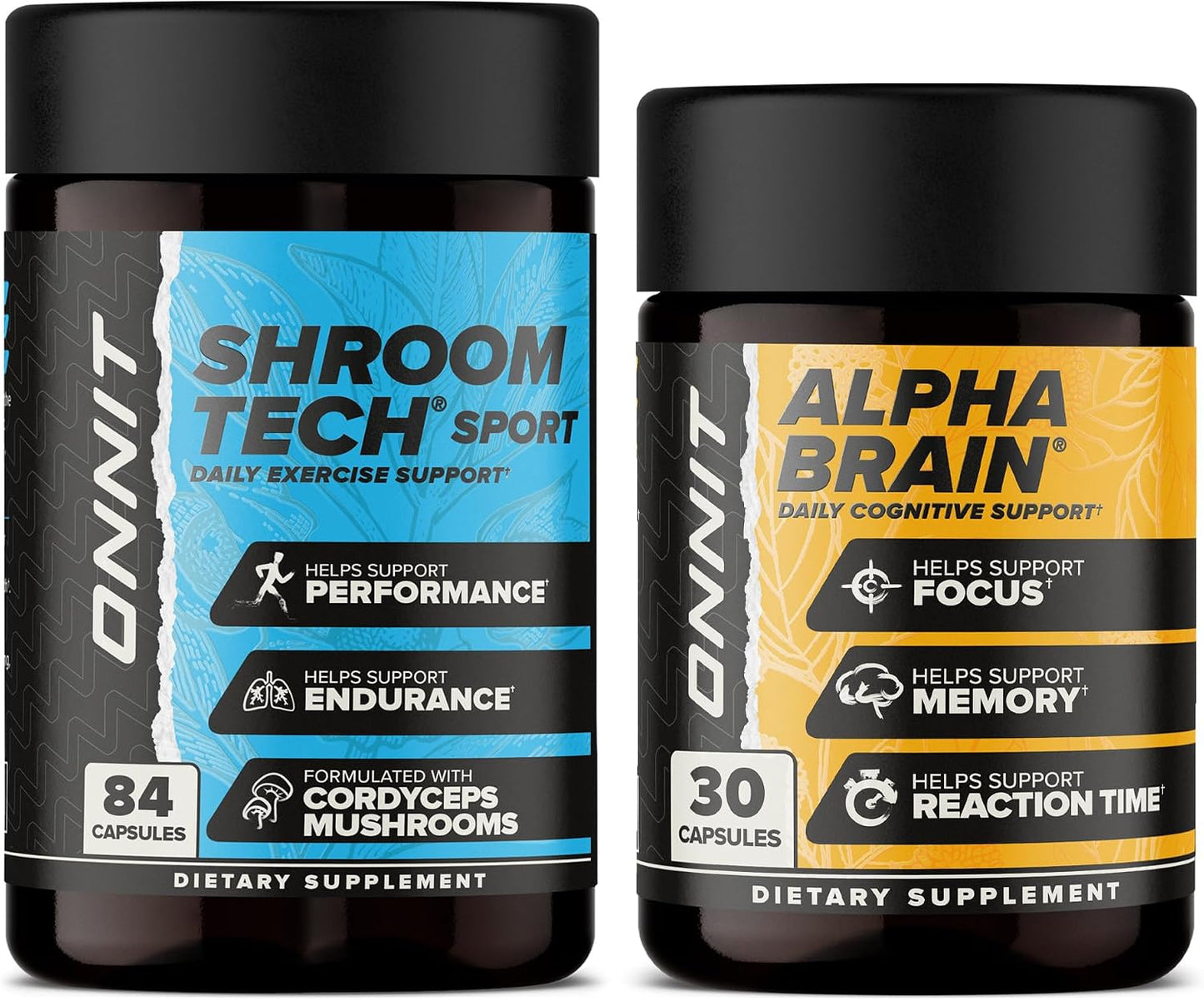 ONNIT Cognitive & Endurance Support Bundle: Alpha Brain Nootropic Capsules (30 Count) + Shroom Tech Sport Exercise Support Capsules (84 Count), IGEN Non-GMO Tested Focus, Energy & Endurance Pack of 2