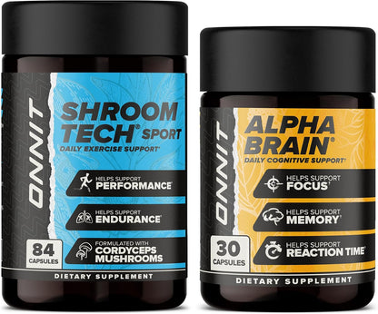 ONNIT Cognitive & Endurance Support Bundle: Alpha Brain Nootropic Capsules (30 Count) + Shroom Tech Sport Exercise Support Capsules (84 Count), IGEN Non-GMO Tested Focus, Energy & Endurance Pack of 2