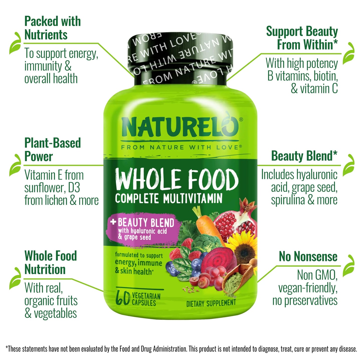 NATURELO Whole Food Multivitamin with Extra Hair, Skin and Nails Support - Beauty Blend with Hyaluronic Acid & Grape Seed - High Potency Biotin, Vitamin C NATURELO