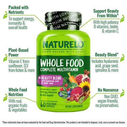NATURELO Whole Food Multivitamin with Extra Hair, Skin and Nails Support - Beauty Blend with Hyaluronic Acid & Grape Seed - High Potency Biotin, Vitamin C NATURELO