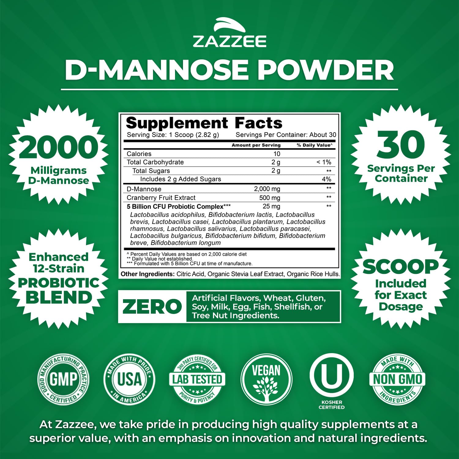 Zazzee D-Mannose Powder Plus, 2000 mg, 67 Servings, Free Scoop, Made in USA | Plus 5 Billion CFU Probiotics and Pure Cranberry Juice Extract, Kosher, 6.67 oz, Urinary Tract & Bladder Support, Non-GMO Gsupps Australia