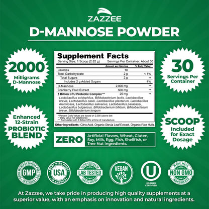 Zazzee D-Mannose Powder Plus, 2000 mg, 67 Servings, Free Scoop, Made in USA | Plus 5 Billion CFU Probiotics and Pure Cranberry Juice Extract, Kosher, 6.67 oz, Urinary Tract & Bladder Support, Non-GMO Gsupps Australia
