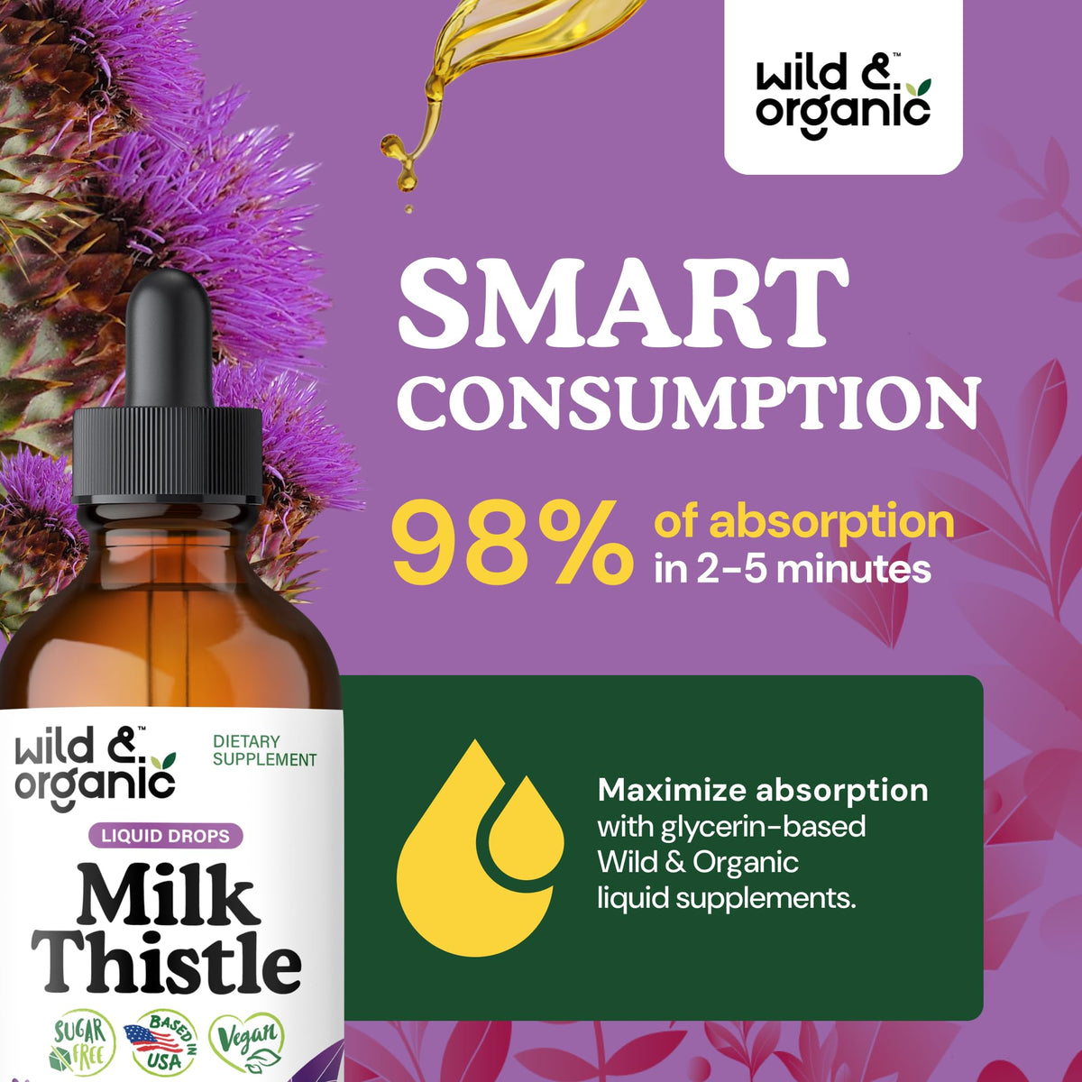Wild & Organic Milk Thistle Liquid Drops - Liver Cleanse Detox - Silymarin Milk Thistle Supplement for Liver Support - Add to Tea - Silybum Marianum Seed Extract Tincture Wild & Organic