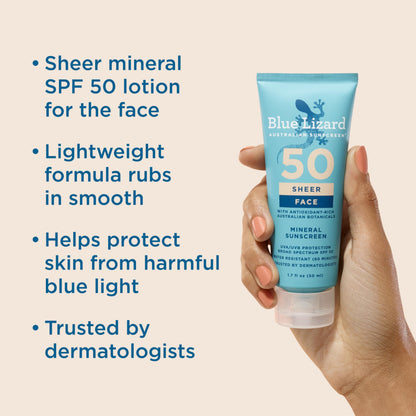 Blue Lizard Sheer Face Mineral SPF 50 Sunscreen Lotion, 100% Mineral Formula, Blue Light Protection, Lightweight, Rubs In Smooth, Nourishes and Hydrates, Paraben-Free, Fragrance-Free, 1.7 fl oz BLUE LIZARD