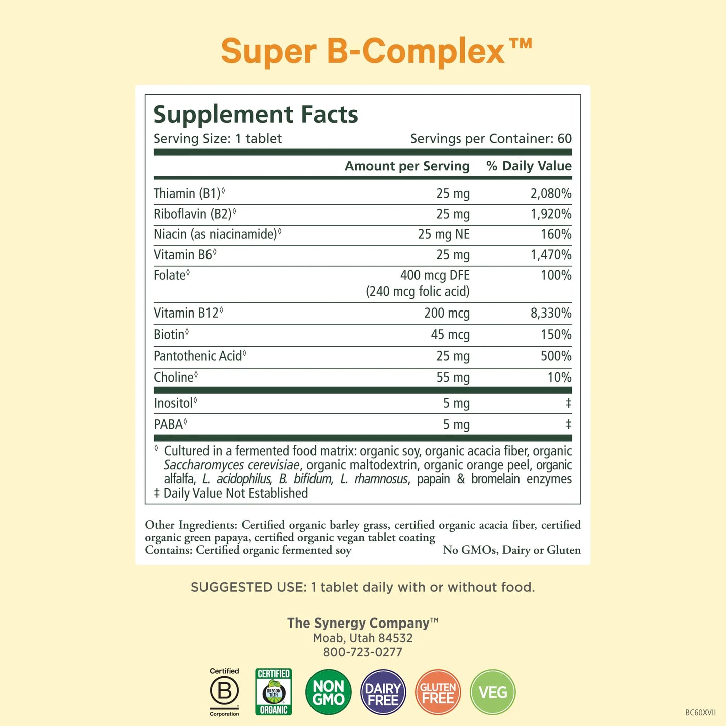 PURE SYNERGY Super B-Complex | Vitamin B Complex Made with Organic Whole Foods | Vegan Supplement with Natural Vitamin B12, Niacin, and Folate | for Energy PURE SYNERGY