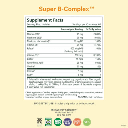 PURE SYNERGY Super B-Complex | Vitamin B Complex Made with Organic Whole Foods | Vegan Supplement with Natural Vitamin B12, Niacin, and Folate | for Energy PURE SYNERGY
