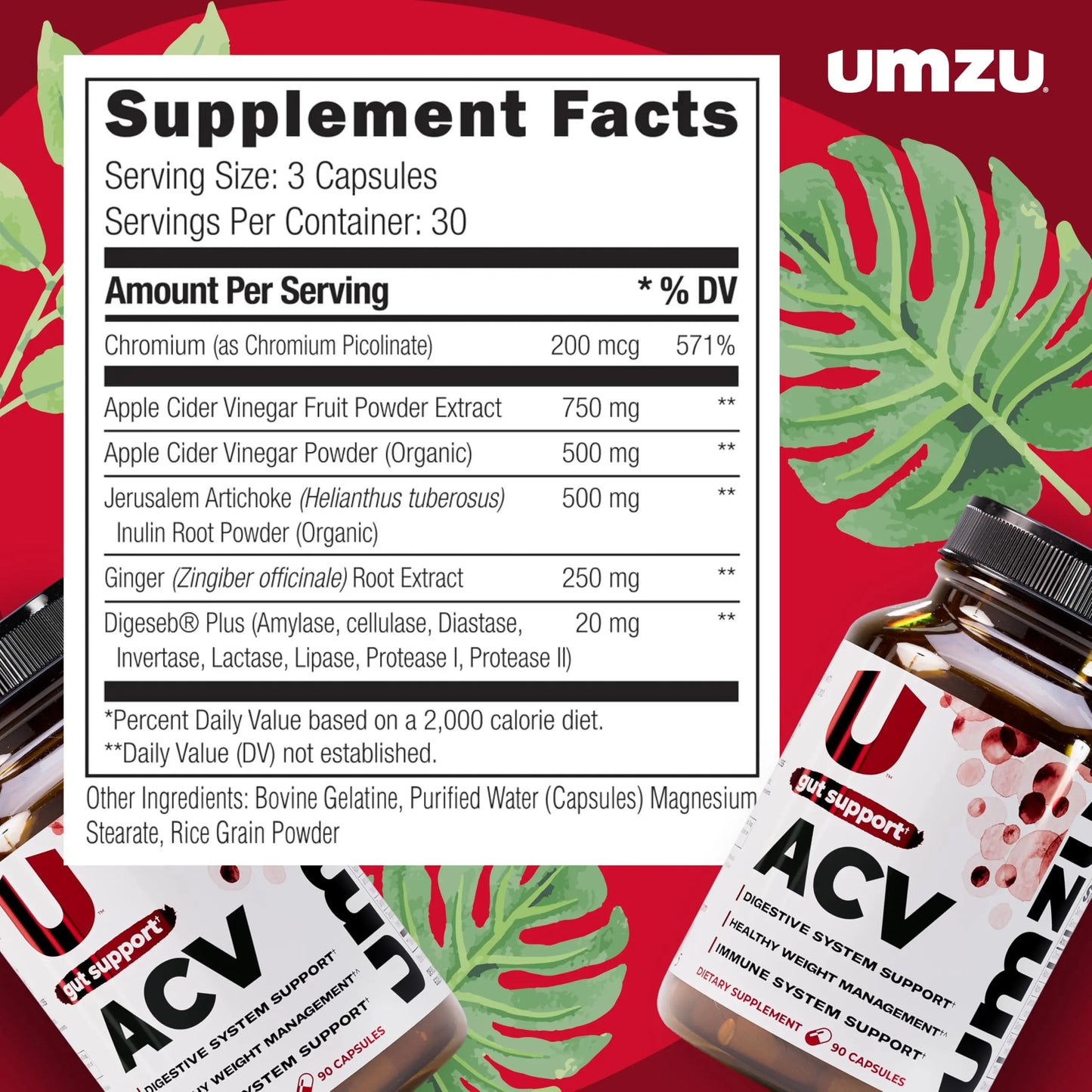 UMZU zuACV Apple Cider Vinegar + Prebiotics Supplement, (30 Day Supply) – ACV & Inulin Fiber Blend – Gut Health Support with ACV Capsules UMZU