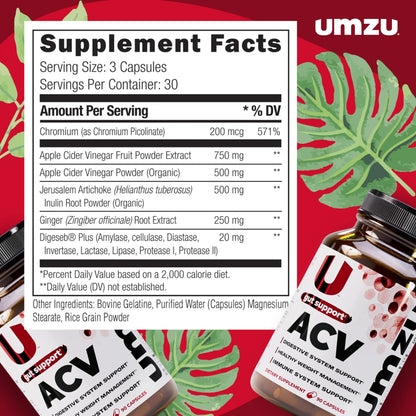 UMZU zuACV Apple Cider Vinegar + Prebiotics Supplement, (30 Day Supply) – ACV & Inulin Fiber Blend – Gut Health Support with ACV Capsules UMZU