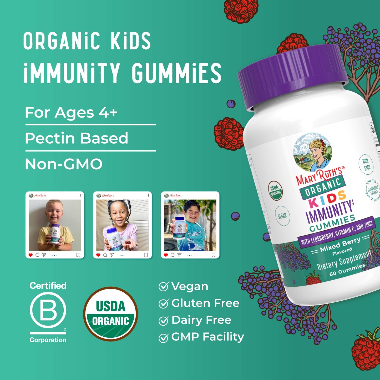 MaryRuth Organics Kids Immune Support Gummies | USDA Organic | Vitamin C, Zinc, and Elderberry Gummies for Kids| Immune Support for Ages 4+ | Vegan MARYRUTH'S