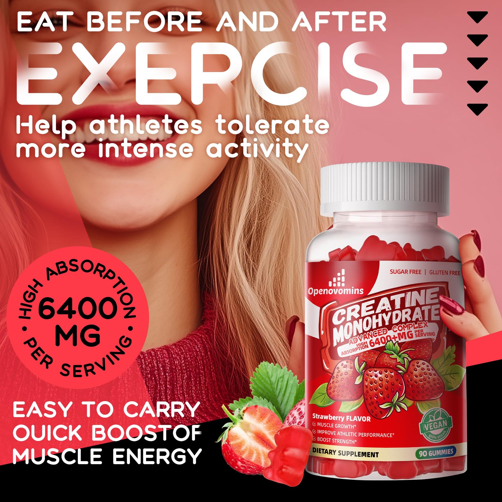 Creatine Monohydrate Gummies Complex for Men & Women -Advanced Formula W/L-Taurine + Vitamin B12, Sugar Free Chewable Supplement,90 Strawberry Gummies Openovomins buy australia supplements