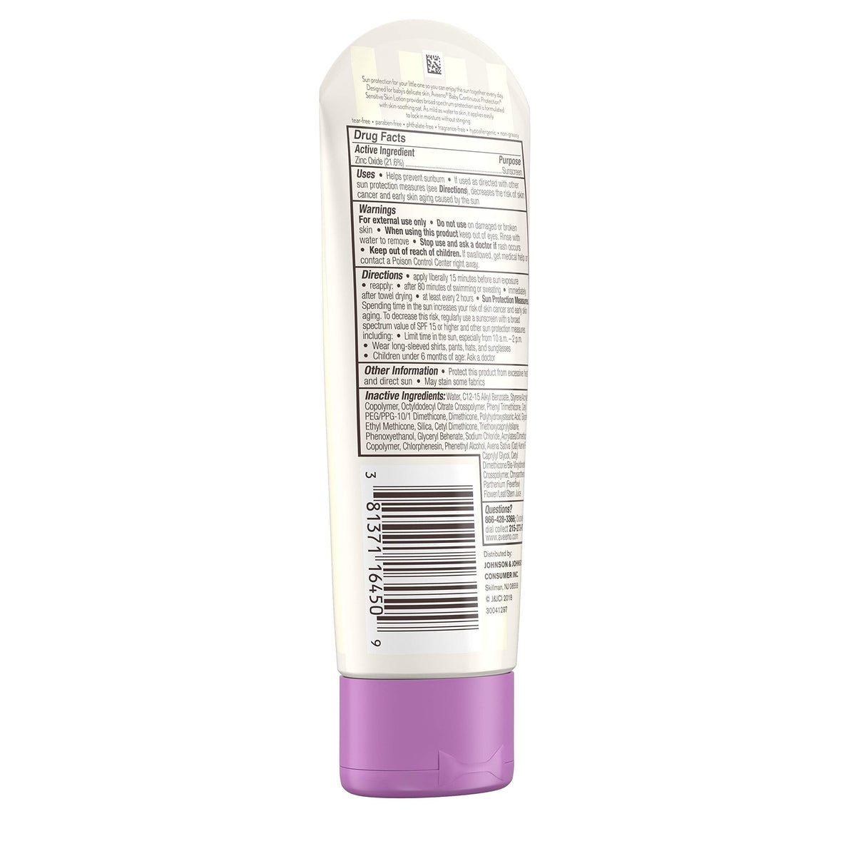 Aveeno Baby Continuous Protection Zinc Oxide SPF 50 Sunscreen for Babies with Sensitive Skin, Broad Spectrum Sun Protection, Tear-Free, Sweat- & Water-Resistant, No added Parabens, 3 Fl Oz Aveeno Baby