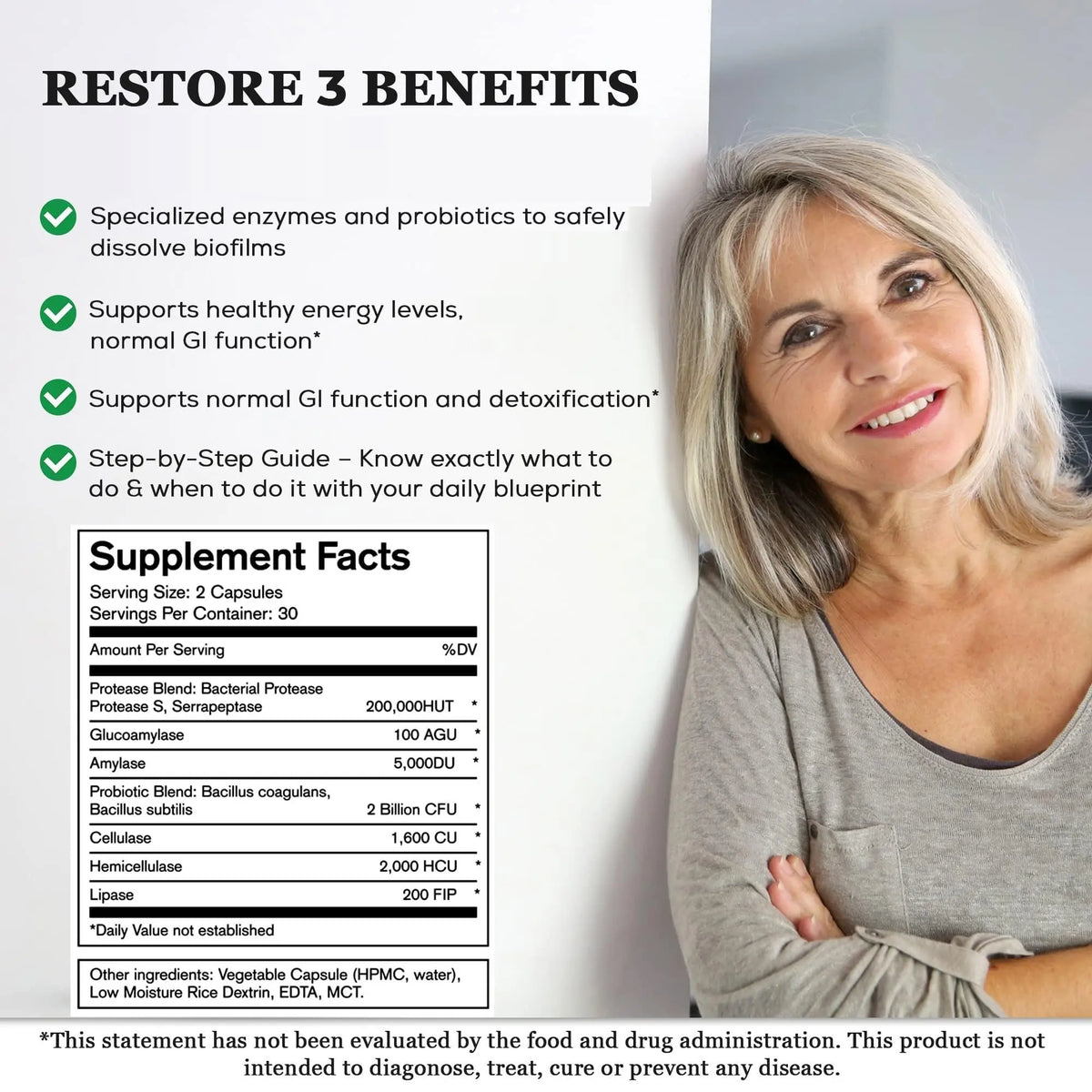 Native Formulas Restore 3 Proteolytic Enzyme & Spore Probiotic Blend Supplement - 60 Capsules - Advanced Biofilm Disruption Aid Native Formulas