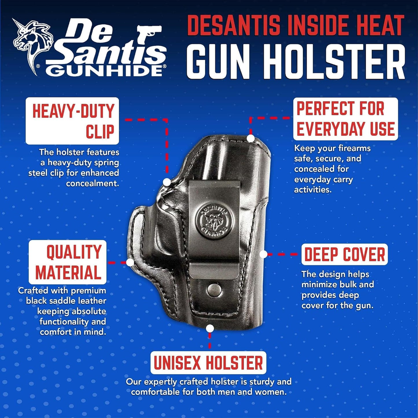 DeSantis Inside Heat IWB Holster - Concealed Carry Gun Holster, Leather Holster IWB for Pistols, Compatible with the GLOCK 43, 43X - Right Hand Draw, Black Gsupps Australia