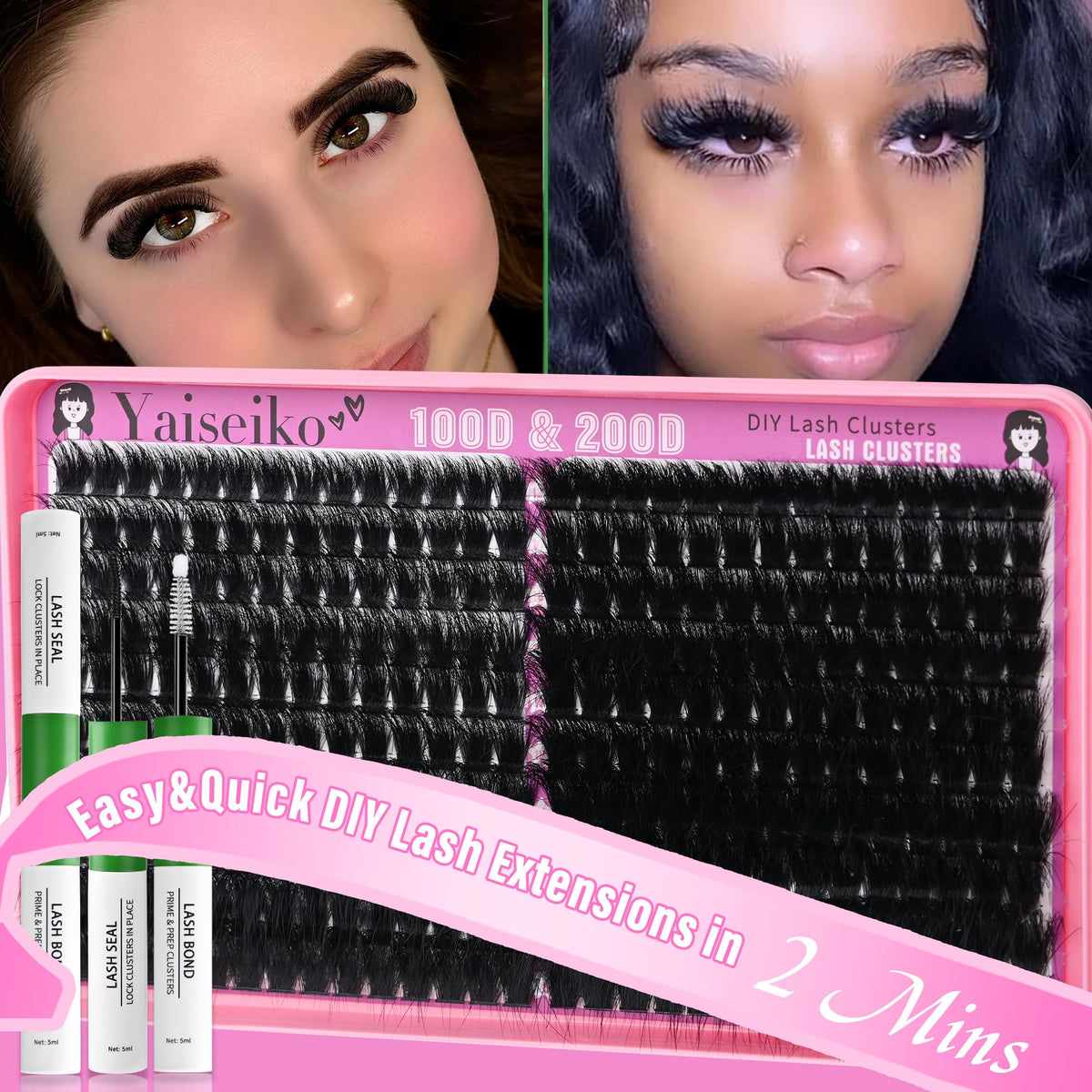 Yaiseiko Lash Clusters Kit 100D+200D Thick Volume Eyelash Clusters Kit 12-25mm Wispy Individual Lashes D Curl Long Cluster with Lash Bond and Seal Waterproof DIY Lash Extension Kit(KIT-280PCS) Yaiseiko