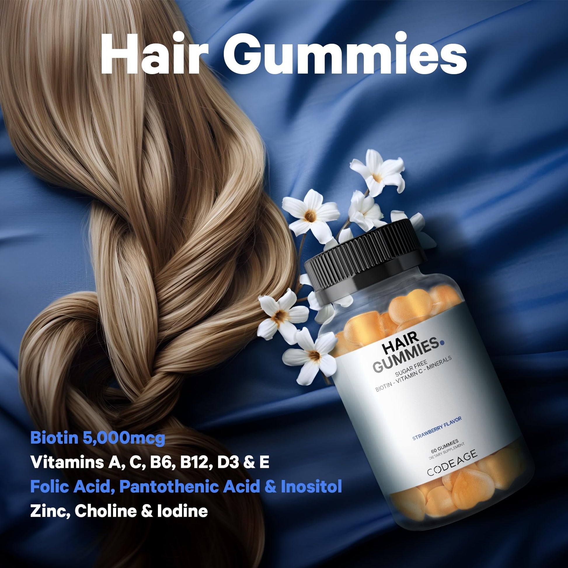 Codeage Hair Gummies, Biotin 5000 mcg, Sugar Free Growth Gummy Vitamins A, C, B6, B12, D3, Zinc, Inositol Supplement Codeage buy australia supplements