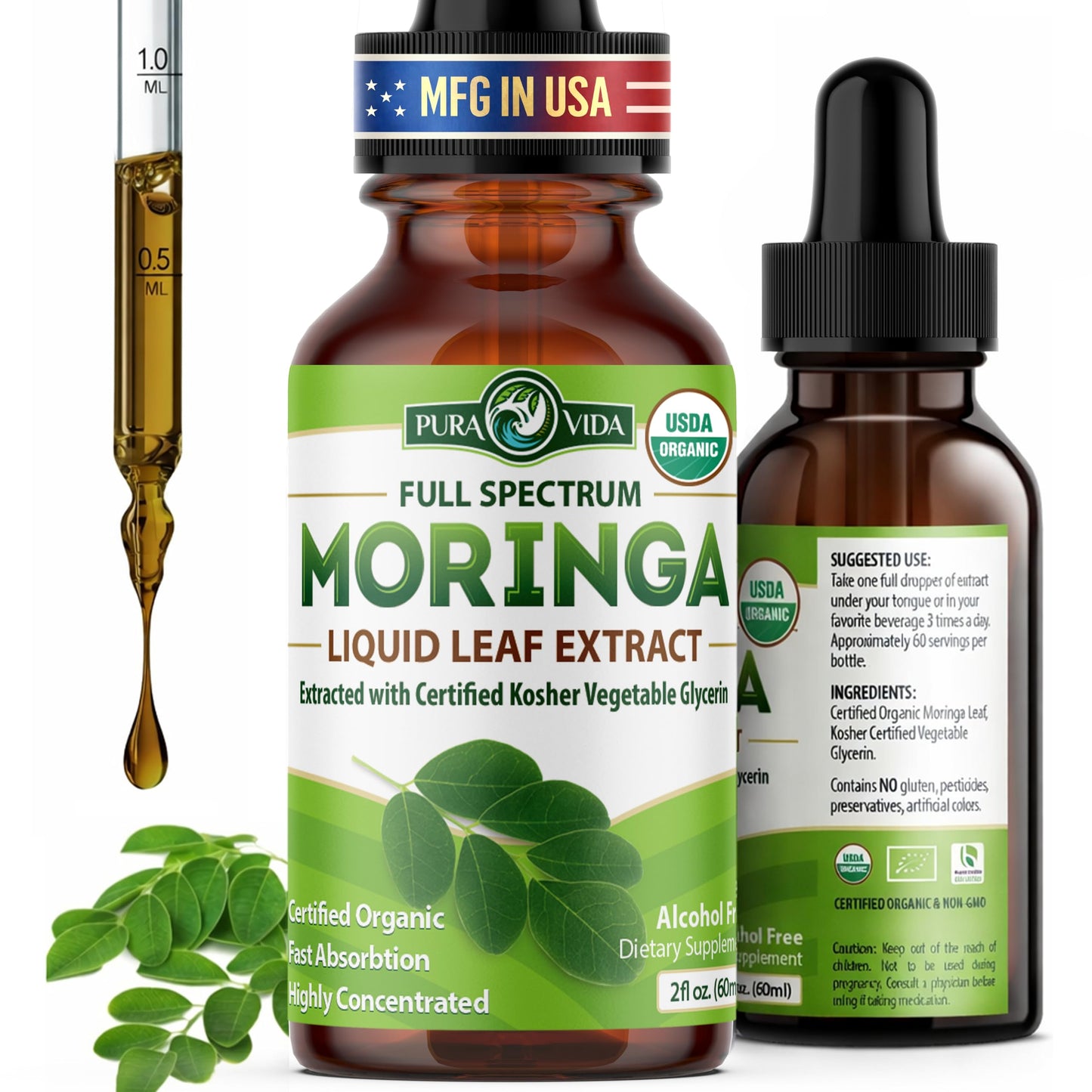 PURA VIDA MORINGA Leaf Extract Liquid Drops - USDA Organic Certified - Highly Purified, Bioavailable & Faster Absorption than Moringa Powder or Capsules PURA VIDA MORINGA