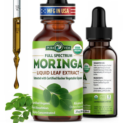 PURA VIDA MORINGA Leaf Extract Liquid Drops - USDA Organic Certified - Highly Purified, Bioavailable & Faster Absorption than Moringa Powder or Capsules PURA VIDA MORINGA