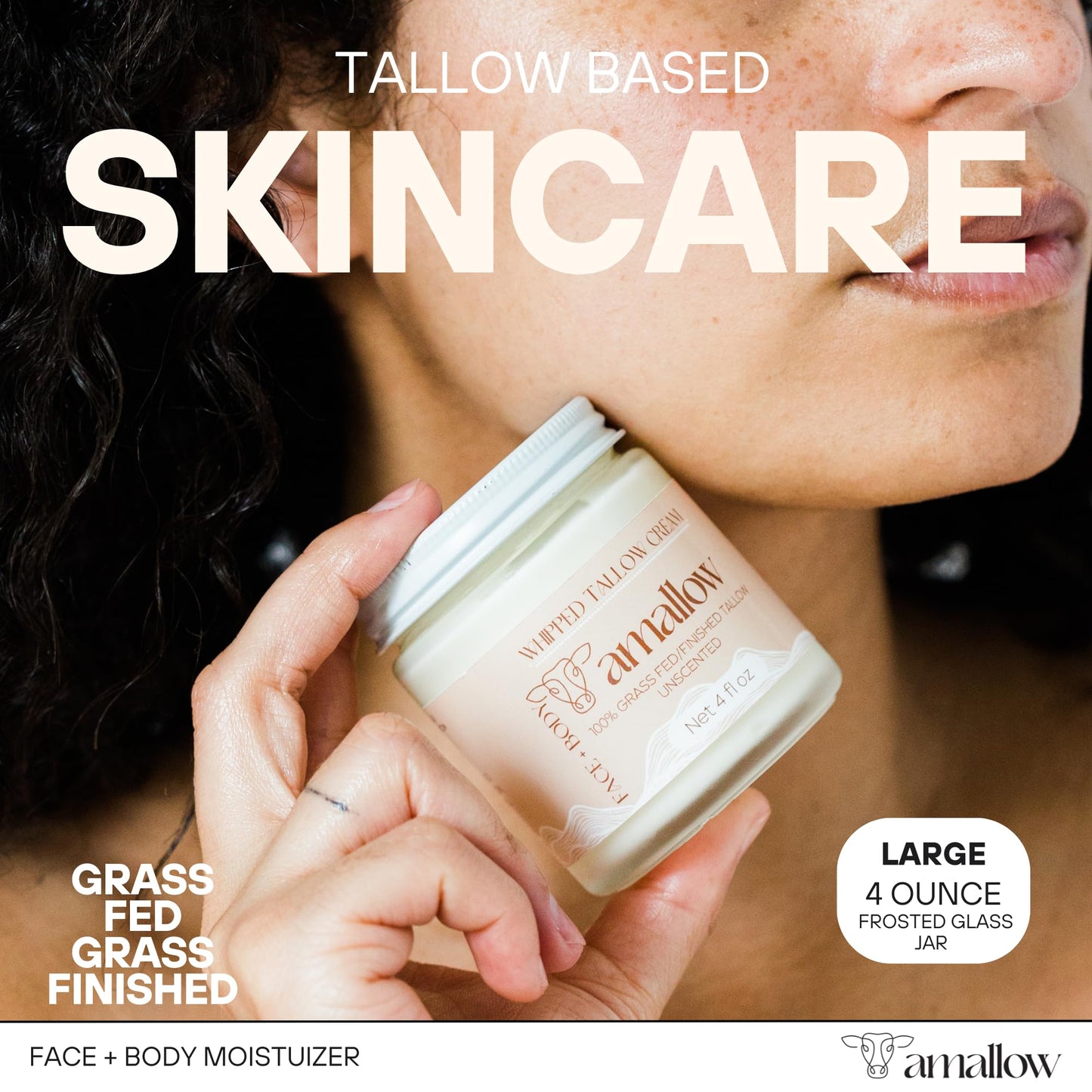 Amallow 100% Grass Fed Beef Tallow for Skin Care - Face + Body - Whipped Moisturizer for Sensitive Skin - Natural Lotion, 4 FL. oz. (Unscented) Amallow