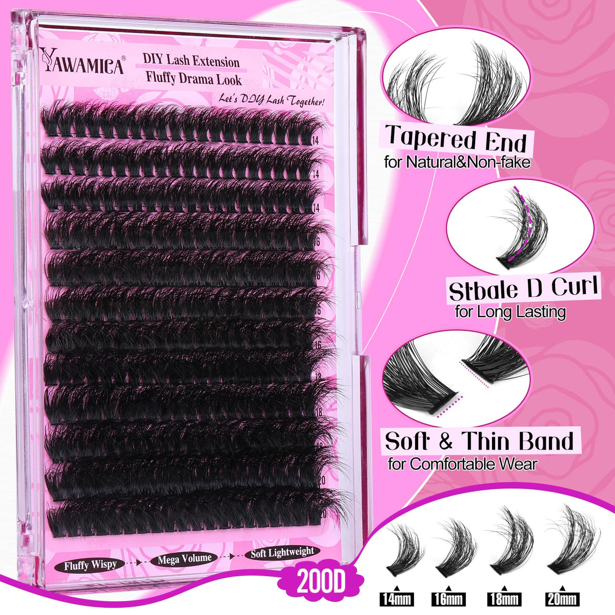 Yawamica Fluffy Lash Clusters Thick 200D Volume Eyelash Clusters 14-20mm Wispy Individual Lashes D Curly Cluster Eyelash Extensions 240pcs DIY Lash Extension for Beginners Yawamica