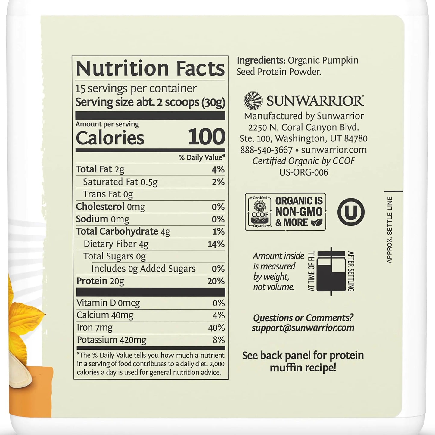 Organic Pumpkin Seed Protein Powder Cold Pressed, Simple Single-Ingredient Superfood Plant-Based, Easy to Digest All 9 Essential Amino Acids Mild Flavor for Smoothies Sunwarrior