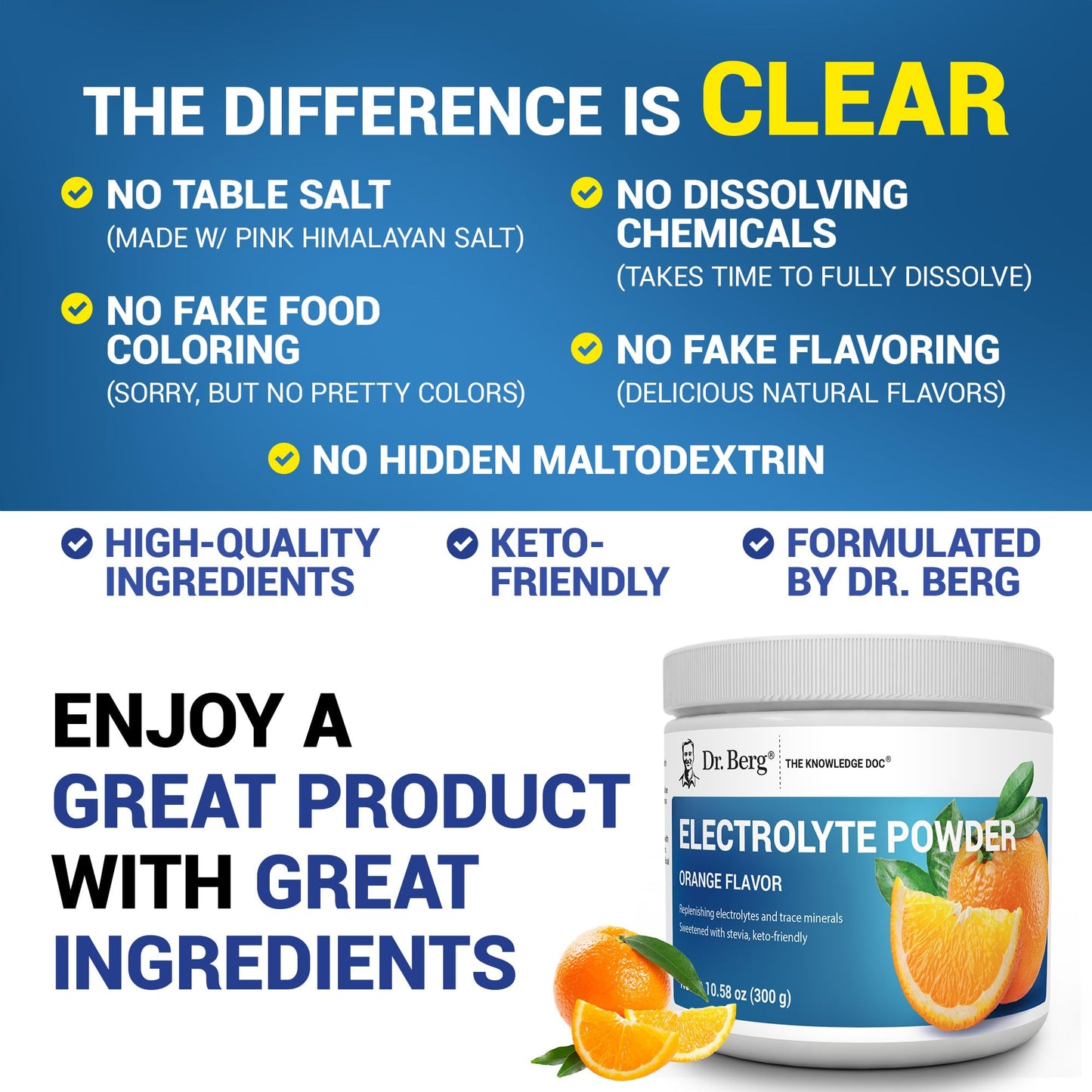 Dr. Berg Zero Sugar Hydration Keto Electrolyte Powder - Enhanced w/ 1000 mg of Potassium & Real Pink Himalayan Salt (NOT Table Salt) - Orange Flavor Hydration Drink Mix Supplement - 50 Servings Dr. Berg Nutritionals