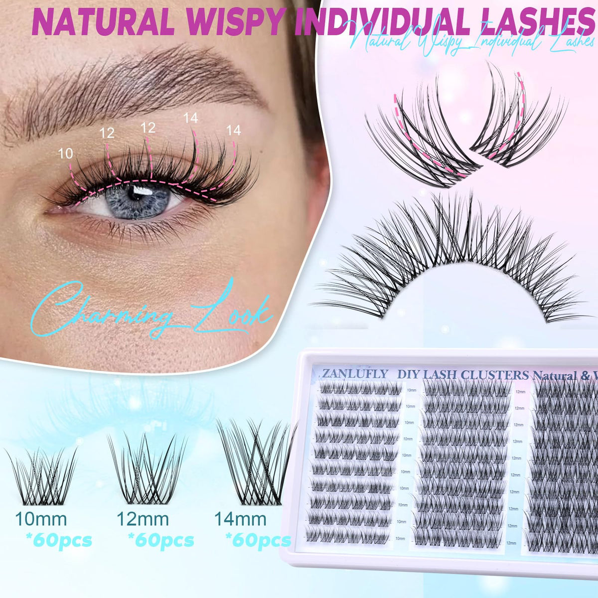 Lash Clusters Wispy Eyelash Clusters Natural CC-Curly Cluster Lashes zanlufly Wispy Individual Lashes 180Pcs Eyelash Extension 10 12 14MM DIY Lash Extension zanlufly