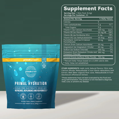 Primal Harvest Electrolytes Powder Packets Primal Hydration, Easy Open Packets, Energy Drink Mix (Lemon Berry, 30 Packs) (1 Bag) Primal Harvest
