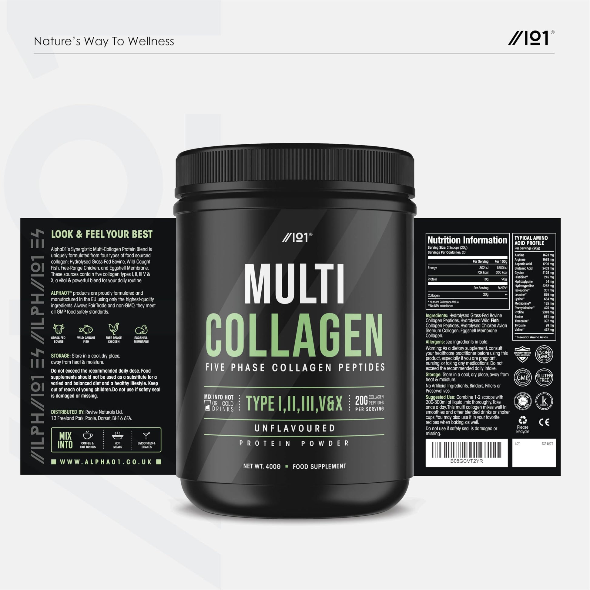 Multi Collagen Protein Powder (400g) - Types I, II, III, V & X - Hydrolyzed Grass Fed Bovine, Wild Caught Fish ALPHA01 buy australia supplements