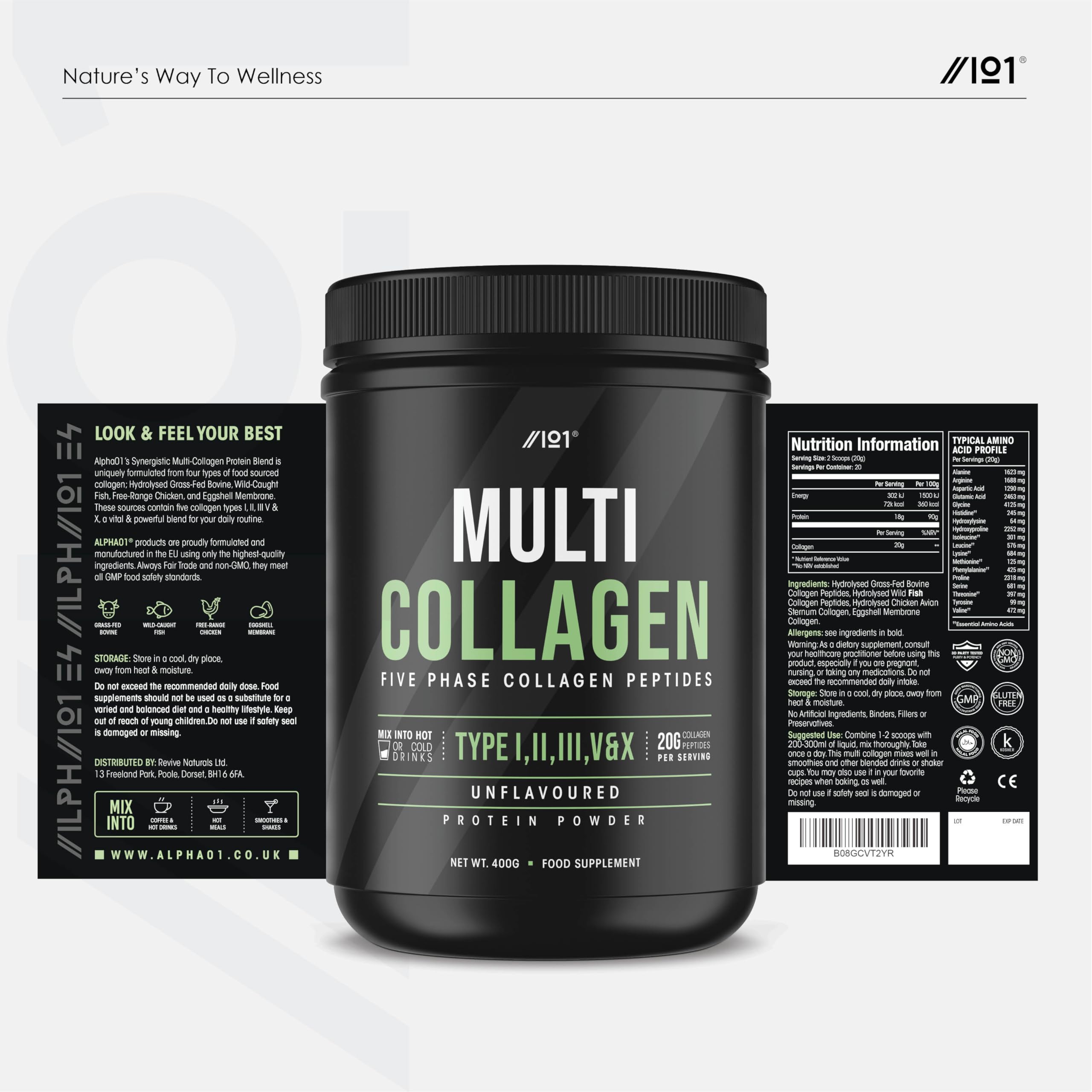 Multi Collagen Protein Powder (400g) - Types I, II, III, V & X - Hydrolyzed Grass Fed Bovine, Wild Caught Fish ALPHA01 buy australia supplements