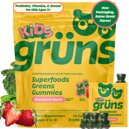 Gruns Multivitamin for Kids, Super Greens Gummies, Superfood Gummy Bears with 20+ Vitamins & Minerals, Spirulina, Chlorella, Alfalfa, Prebiotics Fiber for Digestive Health Grüns