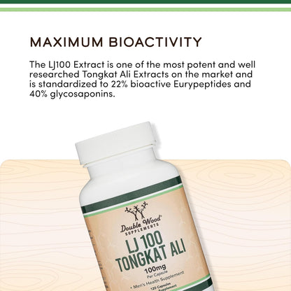 LJ100 Tongkat Ali for Men (120 Capsules) - Only Clinically Proven and Patented Men's Heath Supplement Tongkat Ali Formula (LJ100 Std to 40% Glycosaponins, 22% Eurypeptides) by Double Wood