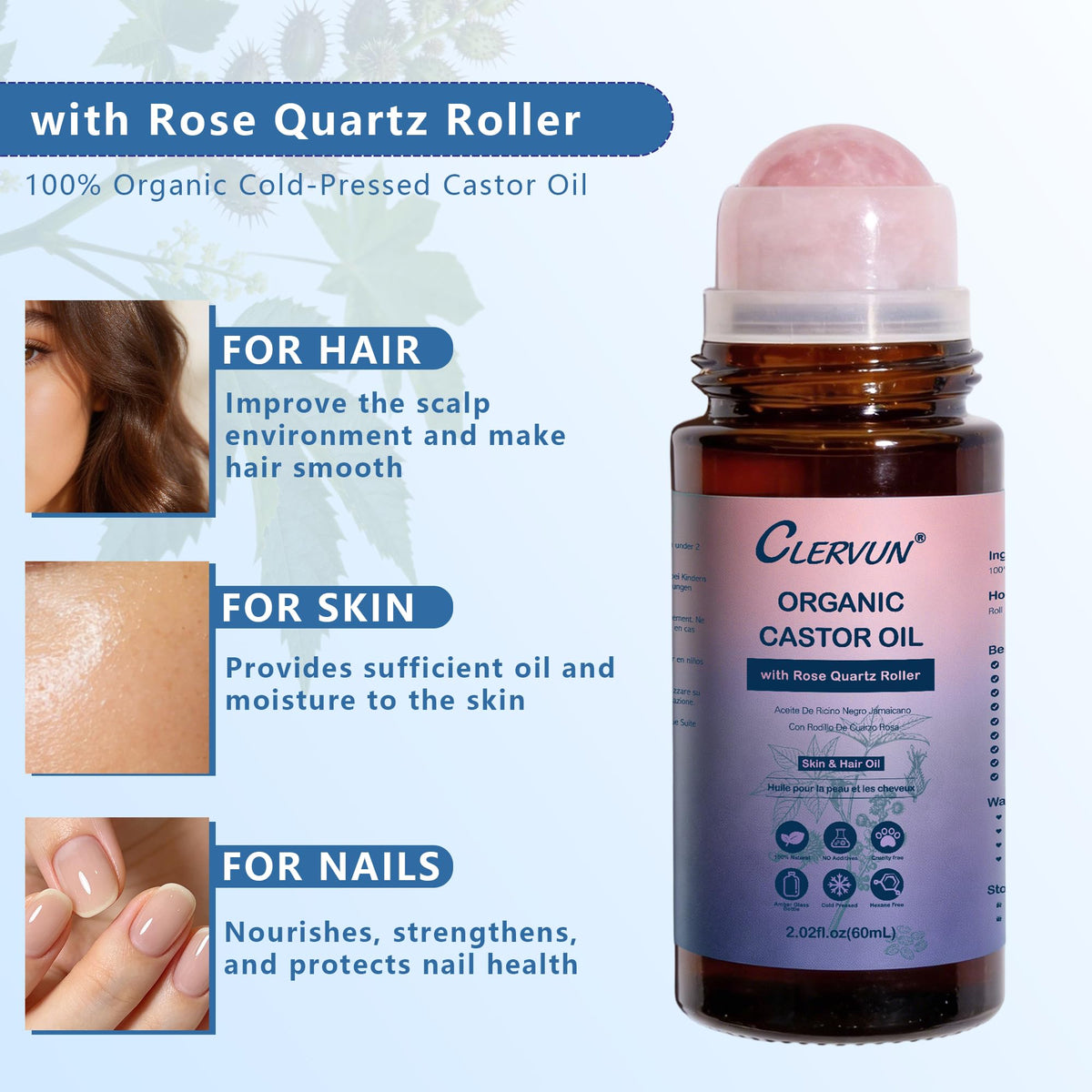 CLERVUN Organic Castor Oil Roll On with Rose Quartz Roller 2.02fl.oz CLERVUN
