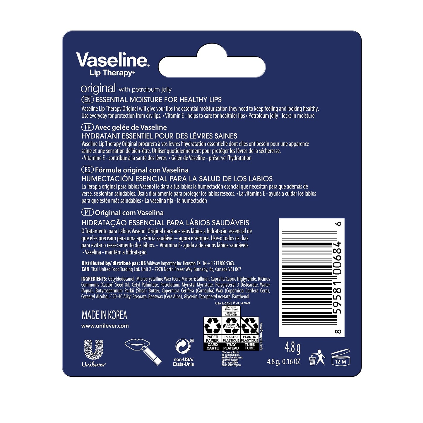 Vaseline Lip Therapy Care Original, Fast-Acting Nourishment, Ideal for Chapped, Dry, Cracked, or Damaged Lips Vaseline