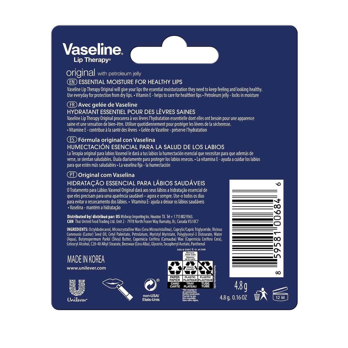 Vaseline Lip Therapy Care Original, Fast-Acting Nourishment, Ideal for Chapped, Dry, Cracked, or Damaged Lips, Lip Balm, 0.16 Ounce (Pack of 4) Vaseline