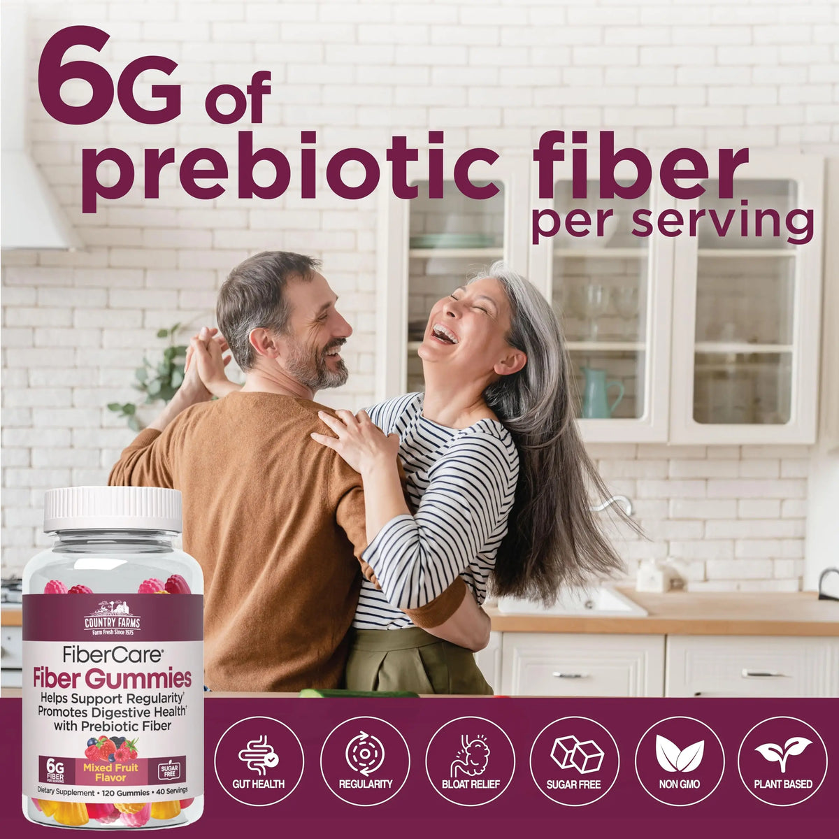 Country Farms Fiber Care Prebiotic Gummies, 6g of Fiber Per Serving, GLP-1 Booster, FOS from Beets, Digestive Health and Bloat, Supports Regularit Country Farms