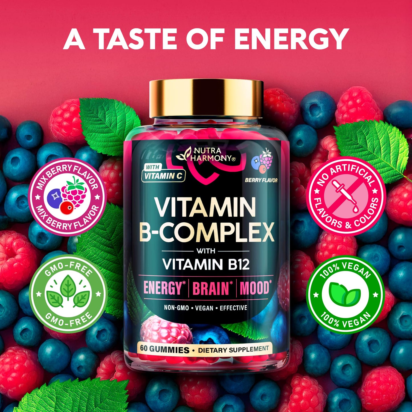Vitamin B-Complex Gummies for Women & Men - Vitamin B12, B1, B2, B3, B5, B6, B7 & B9 - B Complex with Vitamin C & Choline - Energy, Brain & Mood NUTRAHARMONY