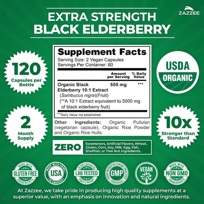 Zazzee USDA Organic Black Elderberry 10:1 Extract, 120 Vegan Capsules | 2 Month Supply, Sambucus Nigra, Antioxidant & Immune Support, Concentrated 10X Extract, All-Natural, Non-GMO, Made in the USA Gsupps Australia