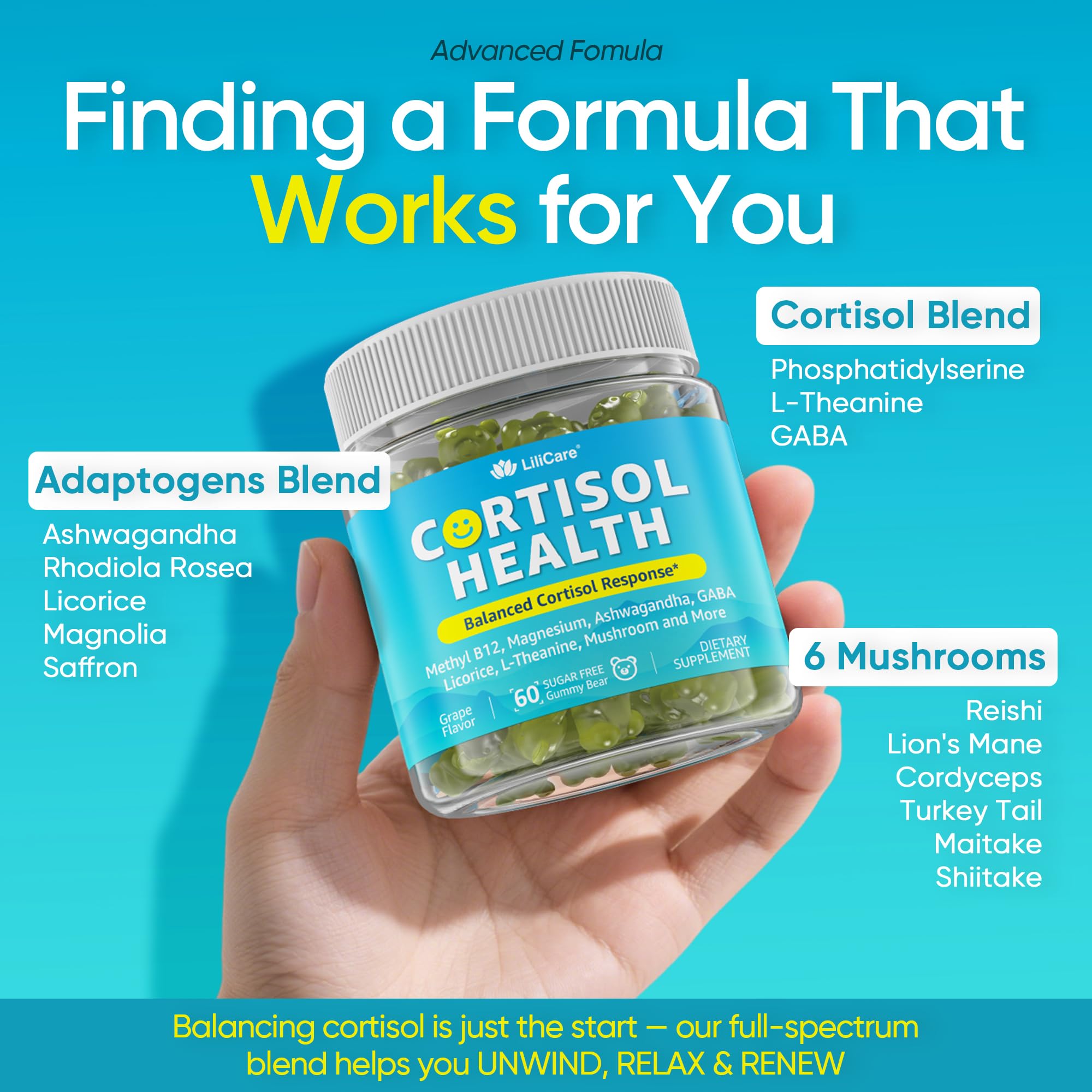 Cortisol Gummies for Women & Men, Sugar Free Cortisol Reducer Supplements w/ Magnesium, Ashwagandha, Mushroom, L-theanine, Rhodiola, Vitamin B6 B12 for Cortisol Detox, Relax, Sleep Support 2 Pack LILICARE buy australia supplements