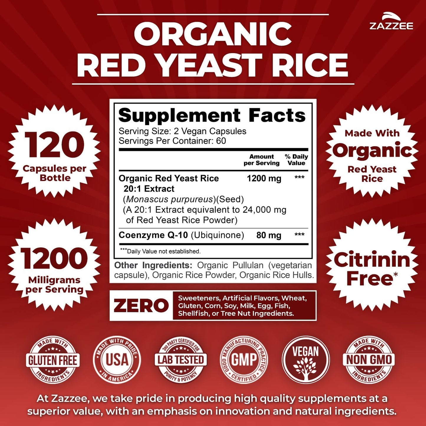 Zazzee Organic Red Yeast Rice 20:1 Extract with CoQ10, Citrinin-Free, 1200 mg per Serving, 80 mg CoQ10, 120 Vegan Capsules, Healthy Heart & Cardiovascular Support, Non-GMO, Made in the USA Gsupps Australia