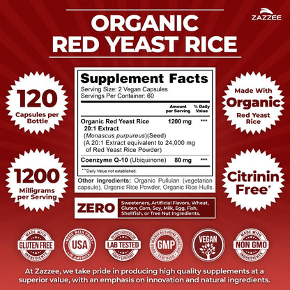 Zazzee Organic Red Yeast Rice 20:1 Extract with CoQ10, Citrinin-Free, 1200 mg per Serving, 80 mg CoQ10, 120 Vegan Capsules, Healthy Heart & Cardiovascular Support, Non-GMO, Made in the USA Gsupps Australia