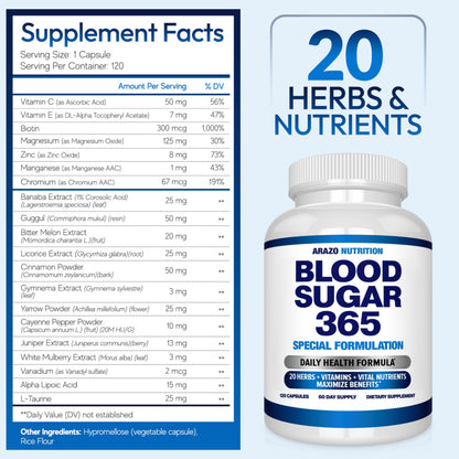Arazo Nutrition Blood Sugar 365 Supplement – Supports Healthy Energy Levels - 120 Herbal Pills - 60 Day Supply Gsupps Australia