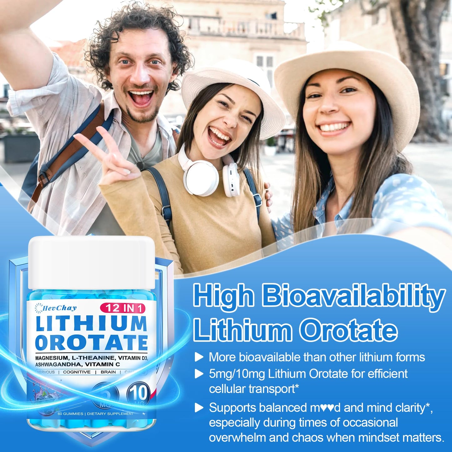 12-in-1 Lithium Orotate 5mg 10mg with Ashwagandha & L-Theanine, Lithium Orotate for Mood, Calm, Cognitive & Brain, High Bioavailability Trace Mineral, Lemon Balm HevChay