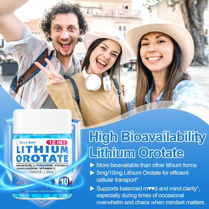 12-in-1 Lithium Orotate 5mg 10mg with Ashwagandha & L-Theanine, Lithium Orotate for Mood, Calm, Cognitive & Brain, High Bioavailability Trace Mineral, Lemon Balm HevChay