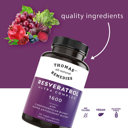 Thomas' all-natural Remedies Resveratrol 1600mg Organic Trans-Resveratrol Antioxidant Supplement with Organic Grape Seed Extract and Quercetin Thomas' all-natural Remedies