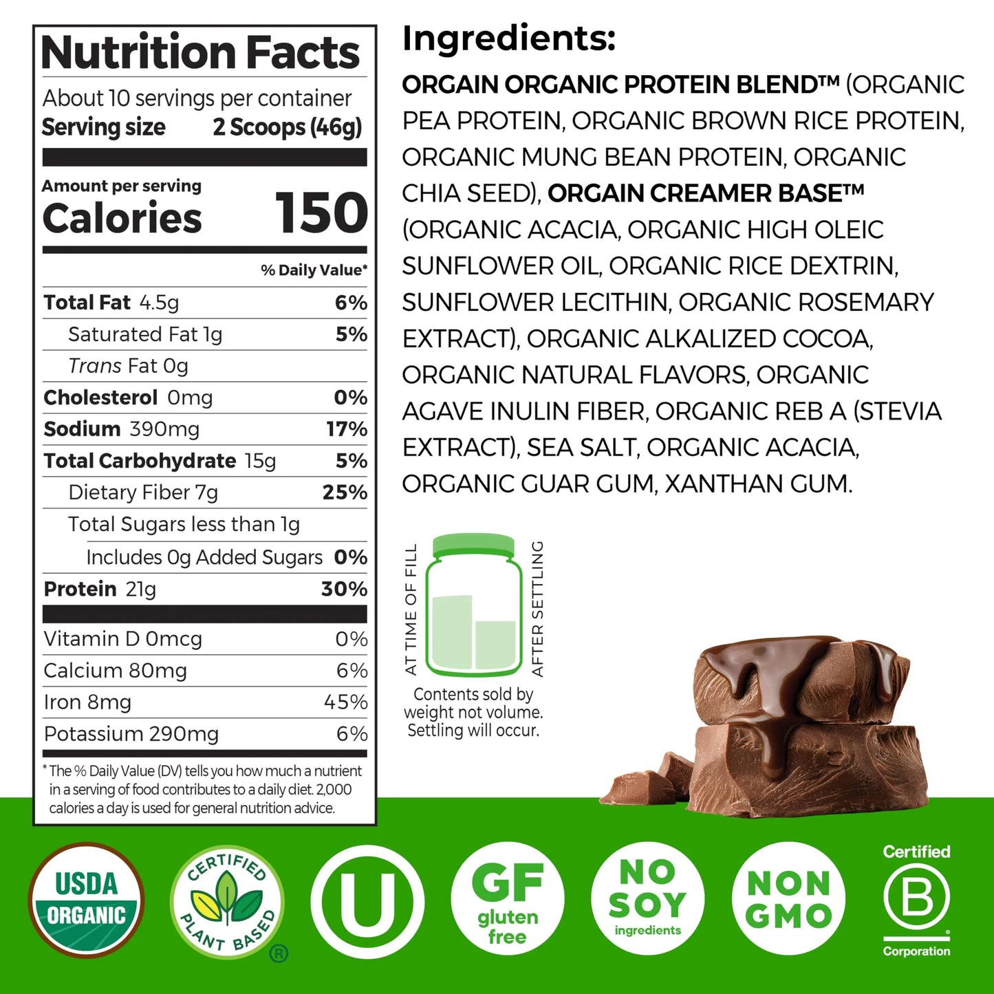 Orgain Organic Vegan Protein Powder, Creamy Chocolate Fudge - 21g Plant Protein, 7g Prebiotic Fiber, Low Net Carb, No Lactose Ingredients, No Added Sugar Orgain