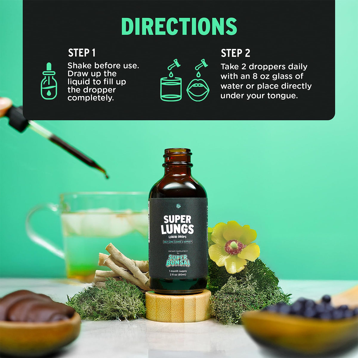 SuperBonsai Super Lungs Mullein Drops – Herbal Lung Support Tincture with Mullein Leaf Extract Elderberry Reishi Marshmallow Root SuperBonsai