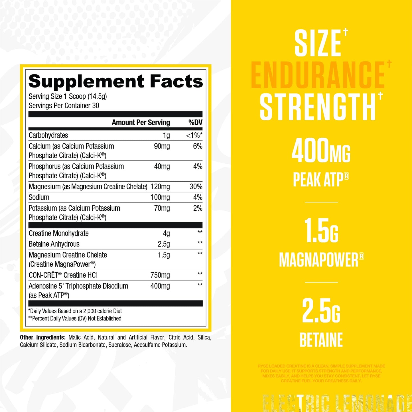 RYSE Loaded Creatine for Men & Women - Electric Lemonade - Muscle Building Formula with 3 Forms of Electrolytes, Betaine Anhydrous and Peak ATP - Strength, Power & Endurance Support - 30 Servings
