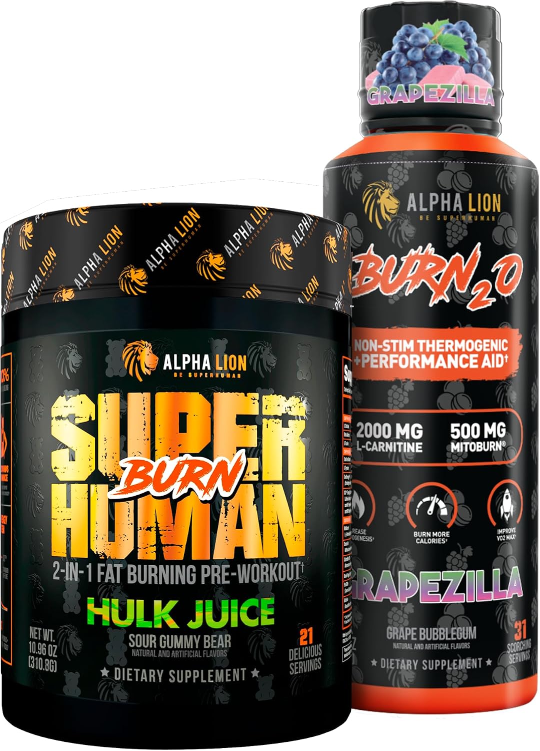 ALPHA LION Stubborn Fat Loss Stack – Superhuman Burn Pre Workout + Burn2O Liquid L-Carnitine 2000mg (Grapezilla) – 2-in-1 Thermogenic Fat Burning Stack for Men & Women