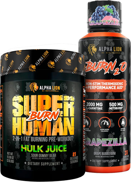 ALPHA LION Stubborn Fat Loss Stack – Superhuman Burn Pre Workout + Burn2O Liquid L-Carnitine 2000mg (Grapezilla) – 2-in-1 Thermogenic Fat Burning Stack for Men & Women